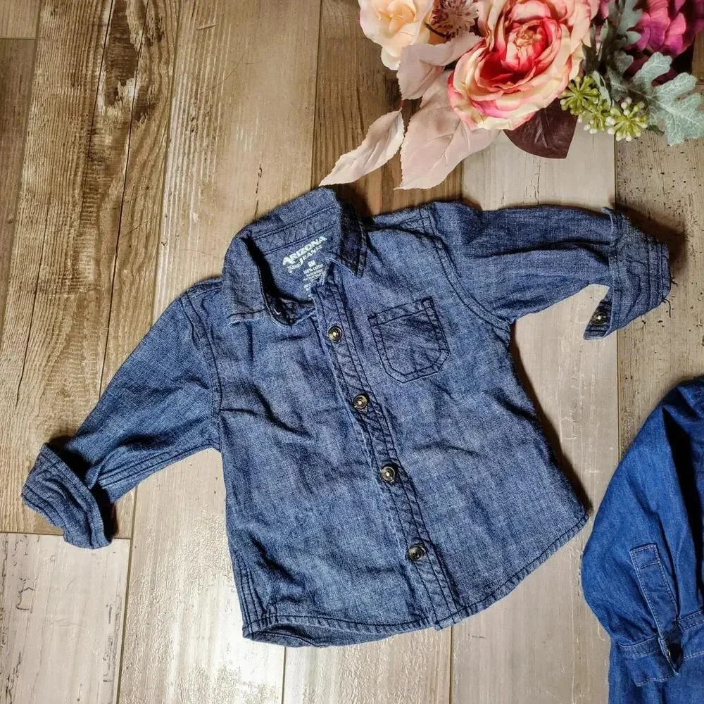 Chambray Blue Denim Baby Boy Button Down Shirt Bundle Size 6m NWOT